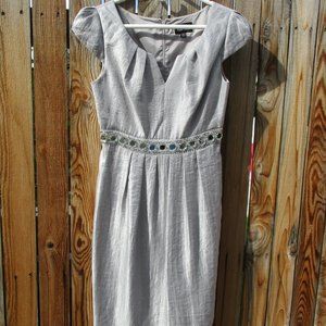 ADRIANNA PAPELL Silver Knee Length Cocktail Dress Bead & Crystal Accents Size 4